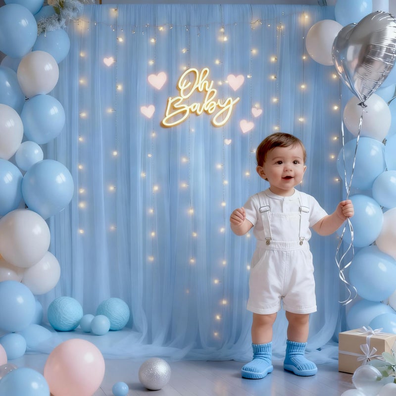 PARTISKY 10x10ft Baby Blue Tulle Backdrop Curtain with Lights String for Parites, Sheer Photo Backdrop Curtain Drapes for Wedding Baby Shower Bridal Shower Birthday Party Photo Shoot Decorations - Image 2