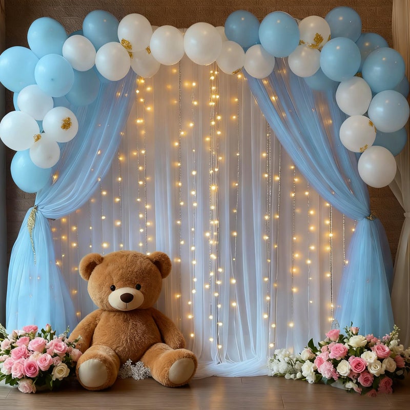 PARTISKY 10x10ft Baby Blue Tulle Backdrop Curtain with Lights String for Parites, Sheer Photo Backdrop Curtain Drapes for Wedding Baby Shower Bridal Shower Birthday Party Photo Shoot Decorations - Image 3