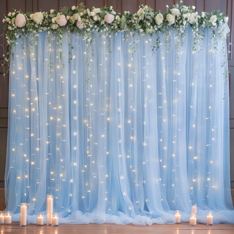 PARTISKY 10x10ft Baby Blue Tulle Backdrop Curtain with Lights String for Parites, Sheer Photo Backdrop Curtain Drapes for Wedding Baby Shower Bridal Shower Birthday Party Photo Shoot Decorations - Image 1