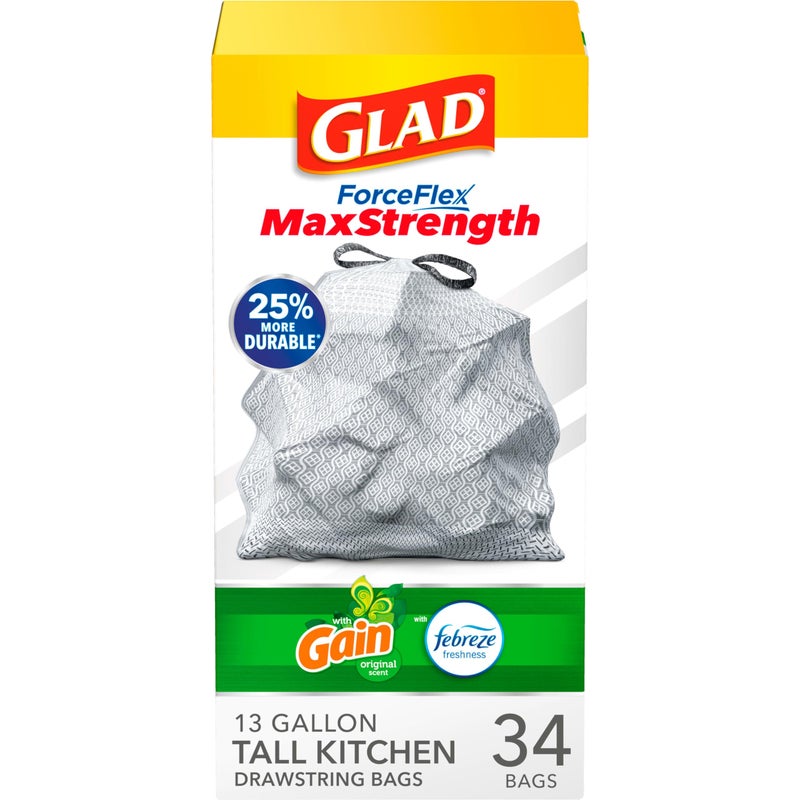 أكياس القمامة جلاد فورس فليكس بلس 13 جالون كيس قمامة رمادي مع رائحة فابريز 34 حبة قد يختلف التعبئة