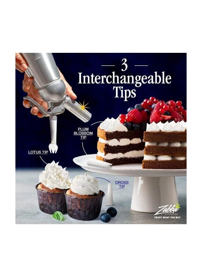 Generic Cream Whipper  500 ml Professional Aluminum Whipped Cream Dispenser with 3 Decorating Nozzles Straight, Tulip, Star  - Image 5