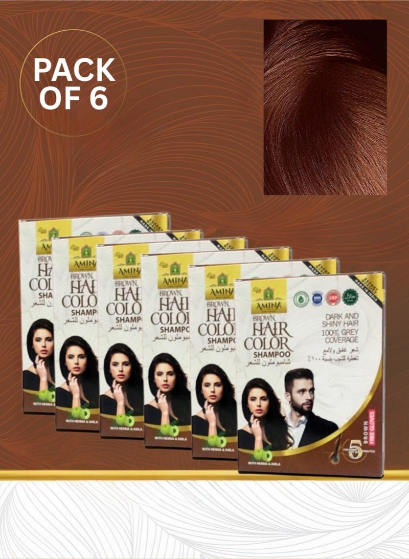 Amina 5 Minute Express Vip Permanent Brown Herbal Hair Colour Shampoo With Heena & Amla for Men and Women 120ml (20ml Pack of 6) Quickest Colours For Your Hair With Gloves Free - Image 1