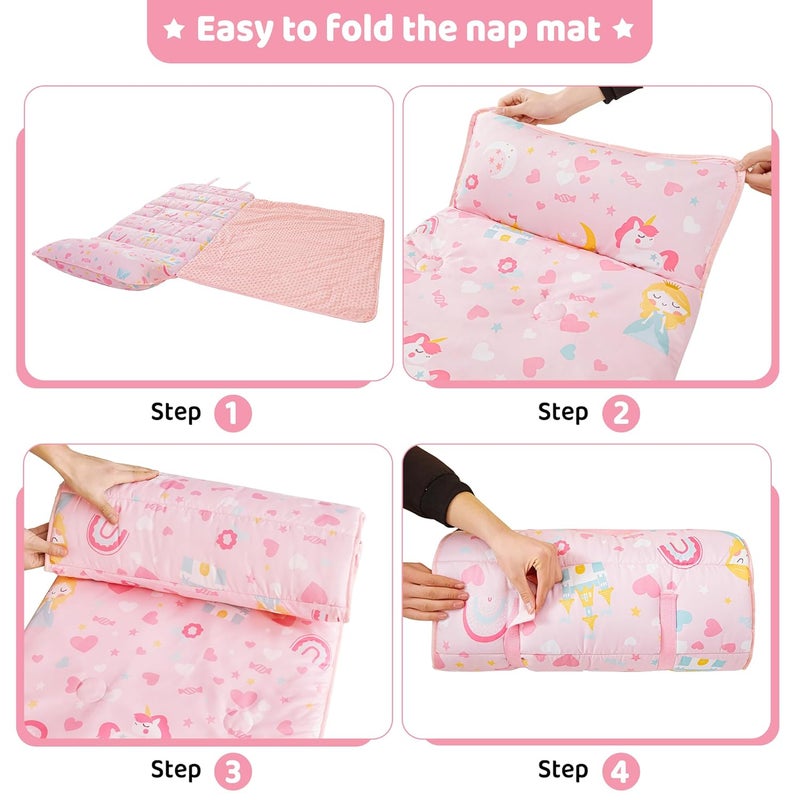 Viviland Toddler Kid Nap Mat for Preschool Girls Pink Princess Slumber Bag Daycare Sleeping Bag with Pillow and Blanket Kindergarten Sleep Mat - Image 5
