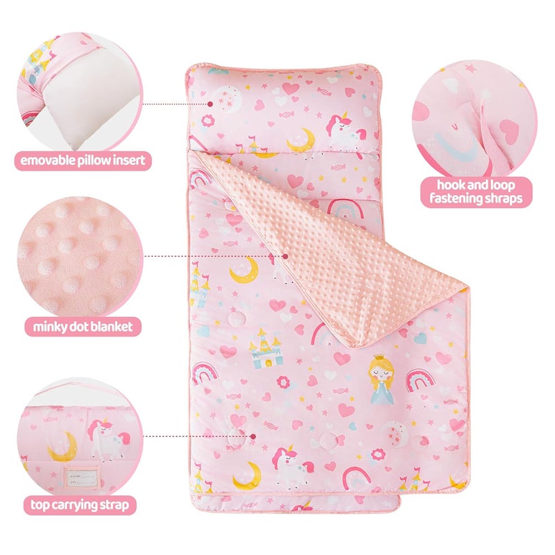 Viviland Toddler Kid Nap Mat for Preschool Girls Pink Princess Slumber Bag Daycare Sleeping Bag with Pillow and Blanket Kindergarten Sleep Mat - Image 3