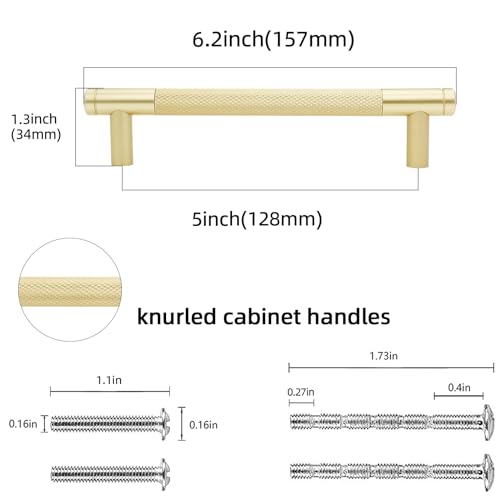 POVEFONK 10 Pack 5 inch128mm Brushed Brass Kitchen Cabinet Handles Knurled Cabinet Pulls Gold Drawer Pulls Kitchen Hardware - Image 3