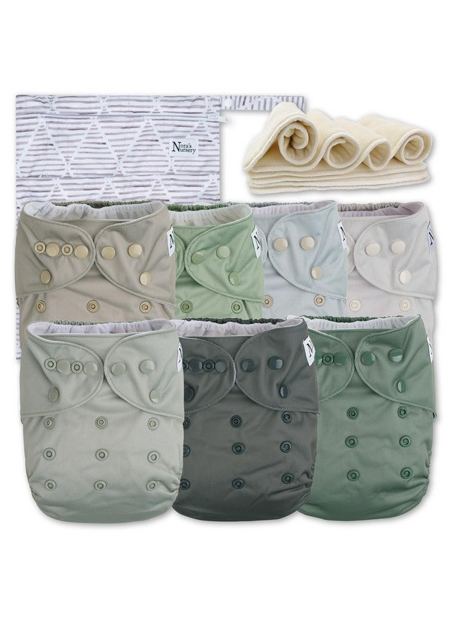 Nora's Nursery Morning Dew Cloth Diapers 7 Pack with 7 Inserts & 1 Wet Bag - Waterproof Cover, Washable, Reusable & One Size Adjustable Pocket Diapers for Newborns and Toddlers - Image 1