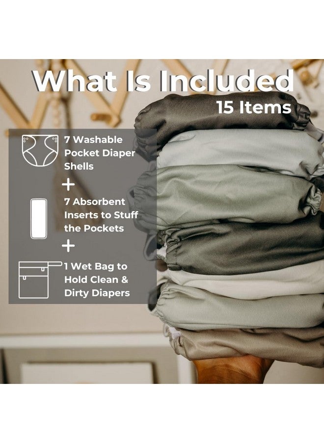 Nora's Nursery Morning Dew Cloth Diapers 7 Pack with 7 Inserts & 1 Wet Bag - Waterproof Cover, Washable, Reusable & One Size Adjustable Pocket Diapers for Newborns and Toddlers - Image 2