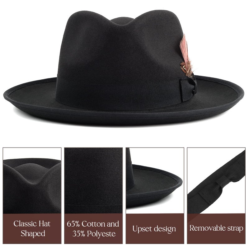 FADACHY Fedora Hats for Men & Women Wide Brim Felt Hat Trilby Panama Dress Hats Black Fedora, L-XL - Image 4