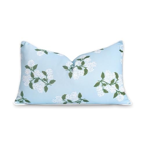 Hofdeco Premium Coastal Patio Indoor Outdoor Lumbar Pillow Cover Only 12x20 Water Repellent for Backyard Couch Baby Blue Print Hydrangea Flower - Image 1