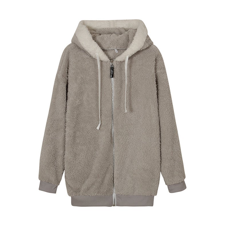 2024 Trendy Plush Zip-Up Hoodie for Women Light gray