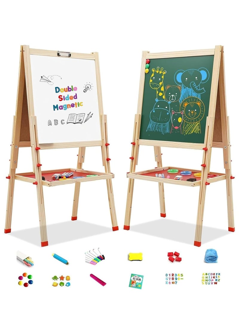 تراسل حامل فنون خشبي للأطفال، لوح رسم خشبي قابل للطي قابل للتعديل، سبورة خشبية مزدوجة الجوانب وسبورة مغناطيسية مع ملحقات الرسم، هدايا الرسم والتلوين للأولاد والبنات الصغار - Image 1
