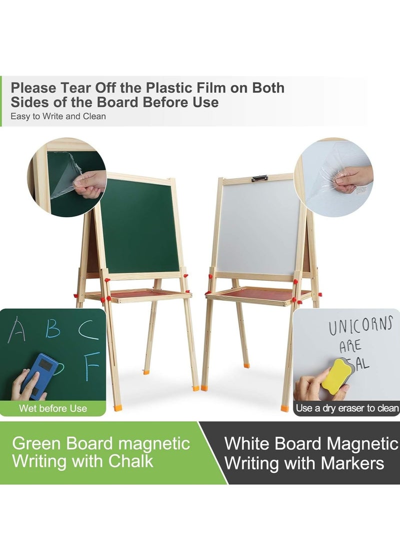 تراسل حامل فنون خشبي للأطفال، لوح رسم خشبي قابل للطي قابل للتعديل، سبورة خشبية مزدوجة الجوانب وسبورة مغناطيسية مع ملحقات الرسم، هدايا الرسم والتلوين للأولاد والبنات الصغار - Image 5