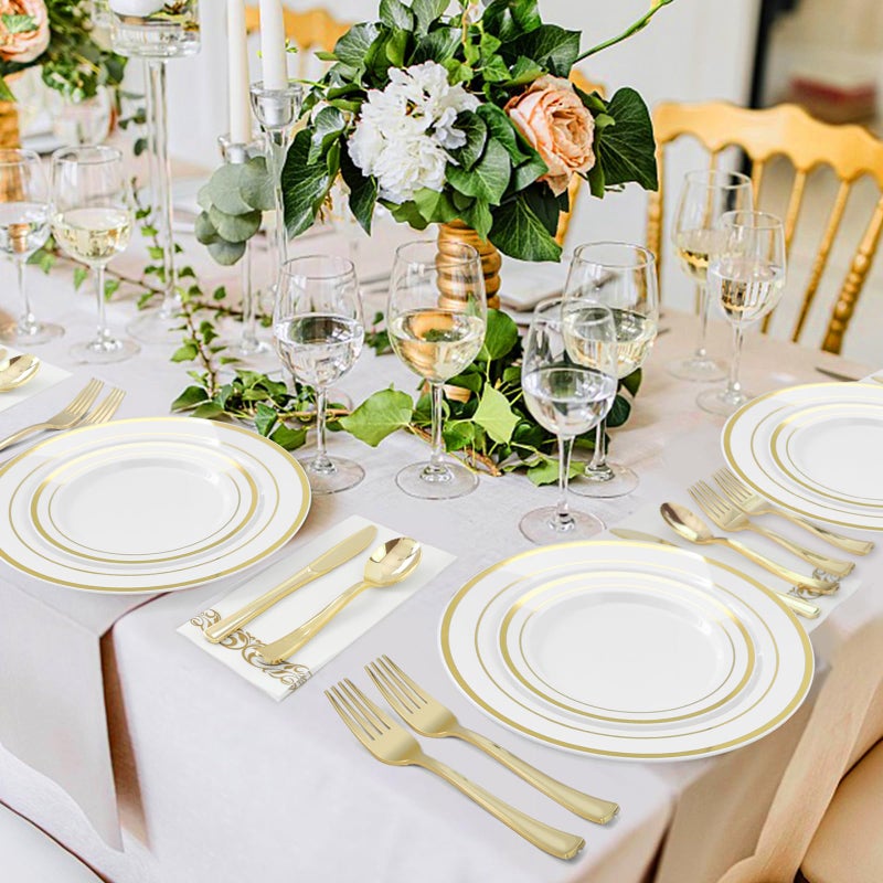BESTVIP 50PCS Gold Plastic Plate  7 Inch Disposable Dessert Plate Party with Gold Rim  Heavy Duty Disposable Plastic Plates for Party  Wedding and Birthday - Image 4