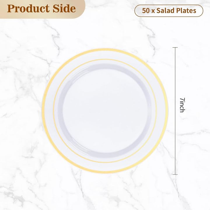 BESTVIP 50PCS Gold Plastic Plate  7 Inch Disposable Dessert Plate Party with Gold Rim  Heavy Duty Disposable Plastic Plates for Party  Wedding and Birthday - Image 1