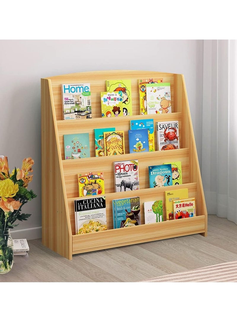 شو وو مكتبة أطفال خشبية كبيرة مكونة من 4 طبقات، رف تخزين منزلي، رف كتب قائم على الأرض، رف تخزين ألعاب، رف عرض منزلي للمنزل والمكتب - Image 1