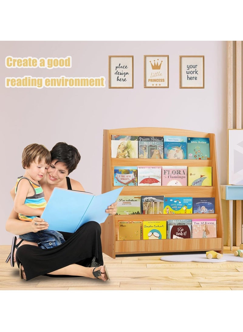 شو وو مكتبة أطفال خشبية كبيرة مكونة من 4 طبقات، رف تخزين منزلي، رف كتب قائم على الأرض، رف تخزين ألعاب، رف عرض منزلي للمنزل والمكتب - Image 2