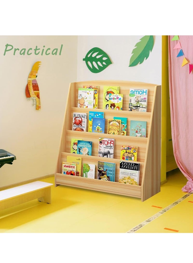 شو وو مكتبة أطفال خشبية كبيرة مكونة من 4 طبقات، رف تخزين منزلي، رف كتب قائم على الأرض، رف تخزين ألعاب، رف عرض منزلي للمنزل والمكتب - Image 4