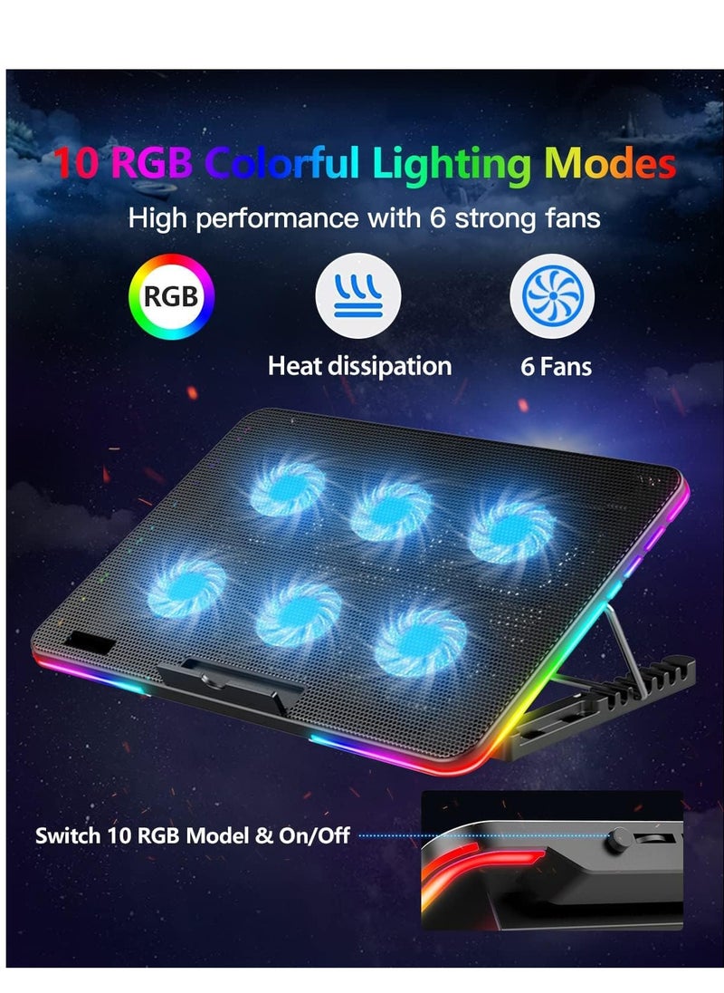 Generic Laptop Cooling Pad, Laptop Cooler with 6 Quiet Fans for 15.6-17 Inch Gaming Fan Stable Stand, 7 Height Adjust, RGB Light 10 Modes, Switch Control Fan Speed, 2 USB Port & Phone Holder  - Image 2