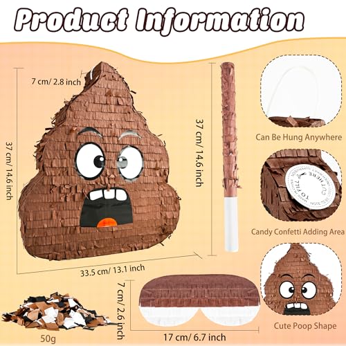 Drayear Funny Poop Piata Set with 146 x 132 Inch Poop Piata Bat Blindfold and Confetti for Kids Adults Hilarious Birthday Party Decoration - Image 5