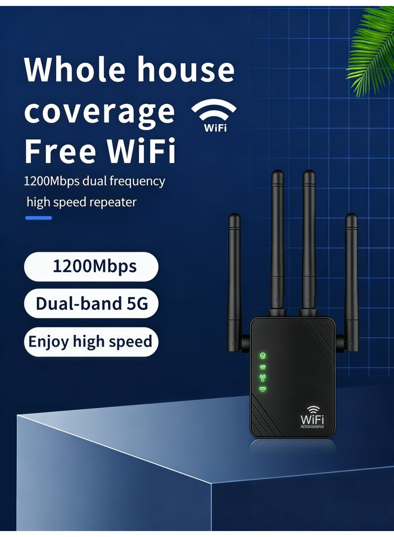 Wireless WiFi Signal Repeater, 1200Mbps, 5G/2.4G Dual Band WiFi Wireless Extender, Wireless WiFi Booster, One-touch Setting, Plug And Play - Black - Image 2