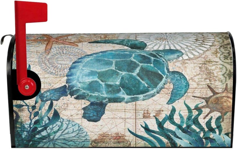 Abucaky Blue Sea Turtle Nautical Map Retro Ocean Mailbox Cover Magnetic Waterproof Mailbox Wraps Post Letter Box Decor 25.5x21 in - Image 2