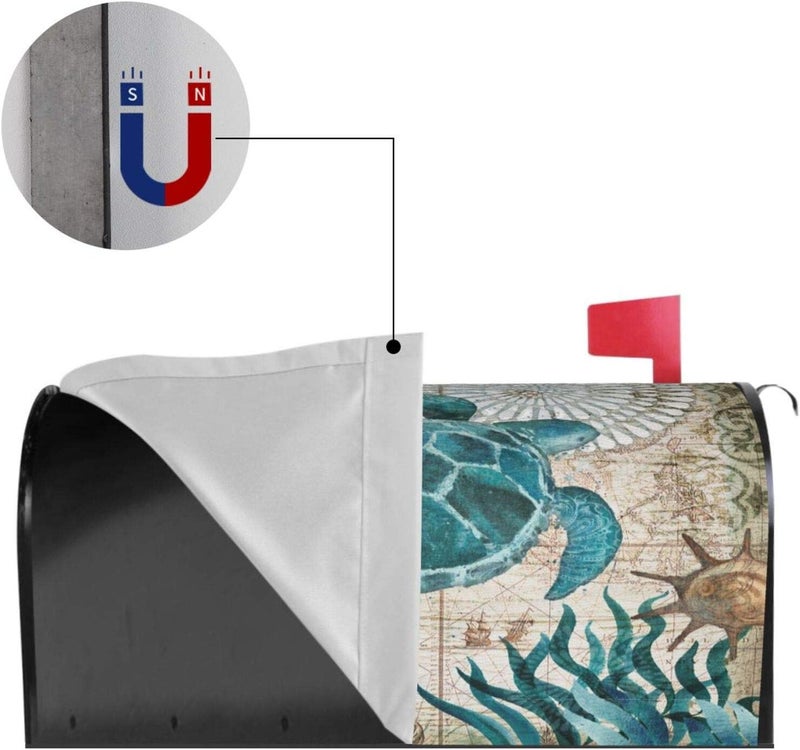 Abucaky Blue Sea Turtle Nautical Map Retro Ocean Mailbox Cover Magnetic Waterproof Mailbox Wraps Post Letter Box Decor 25.5x21 in - Image 5