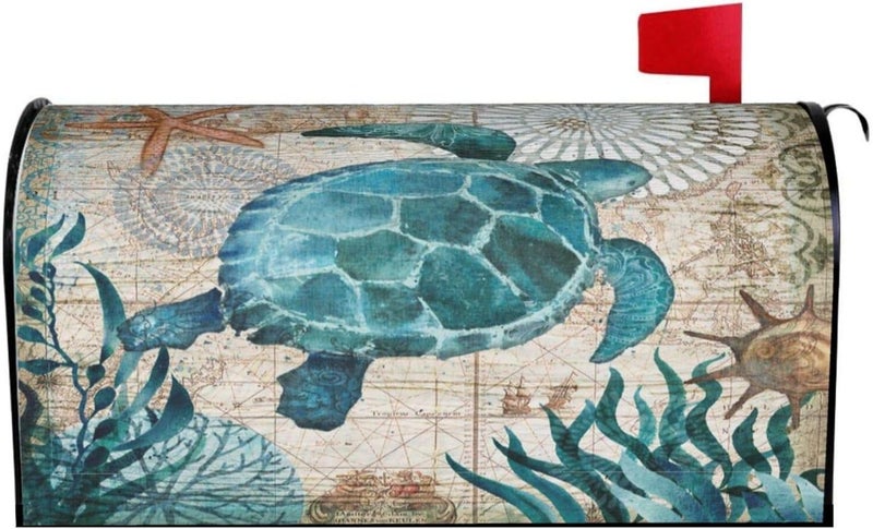 Abucaky Blue Sea Turtle Nautical Map Retro Ocean Mailbox Cover Magnetic Waterproof Mailbox Wraps Post Letter Box Decor 25.5x21 in - Image 1