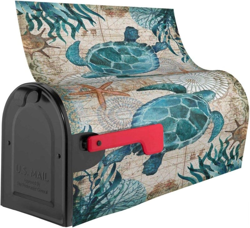 Abucaky Blue Sea Turtle Nautical Map Retro Ocean Mailbox Cover Magnetic Waterproof Mailbox Wraps Post Letter Box Decor 25.5x21 in - Image 4