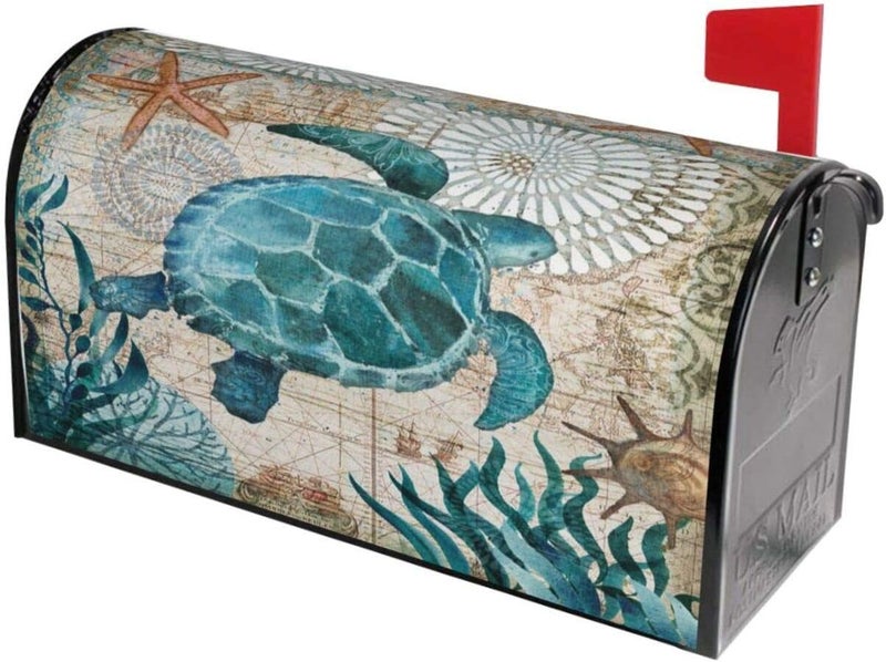 Abucaky Blue Sea Turtle Nautical Map Retro Ocean Mailbox Cover Magnetic Waterproof Mailbox Wraps Post Letter Box Decor 25.5x21 in - Image 3
