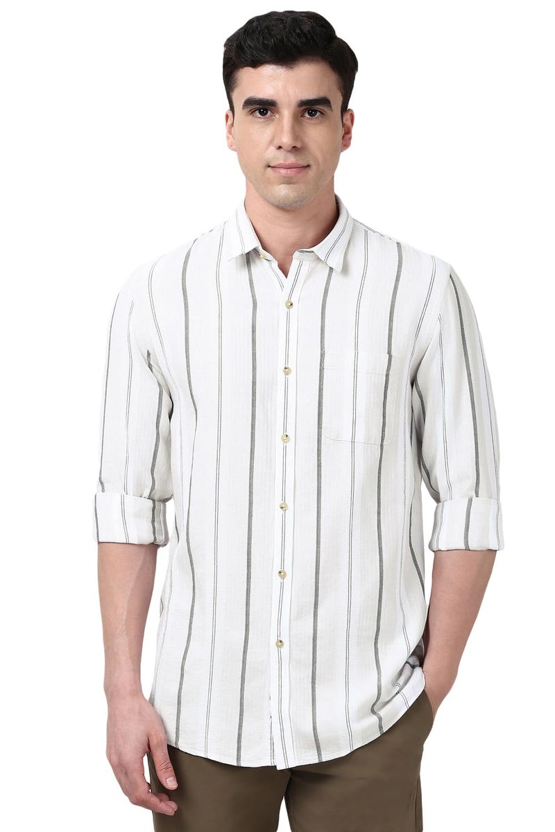Peter England Cotton Linen Blend Shirt for Men – Full Sleeves, Subtle Stripes Beige - Image 1