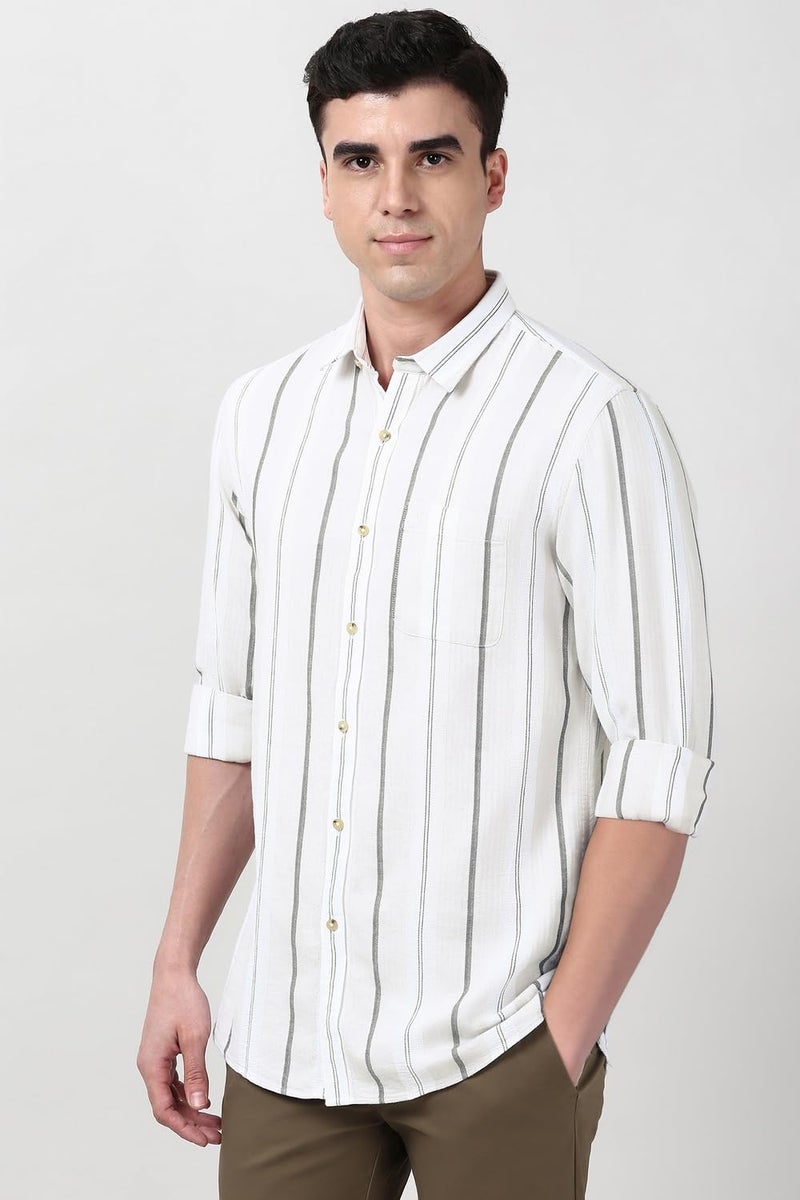 Peter England Cotton Linen Blend Shirt for Men – Full Sleeves, Subtle Stripes Beige - Image 2