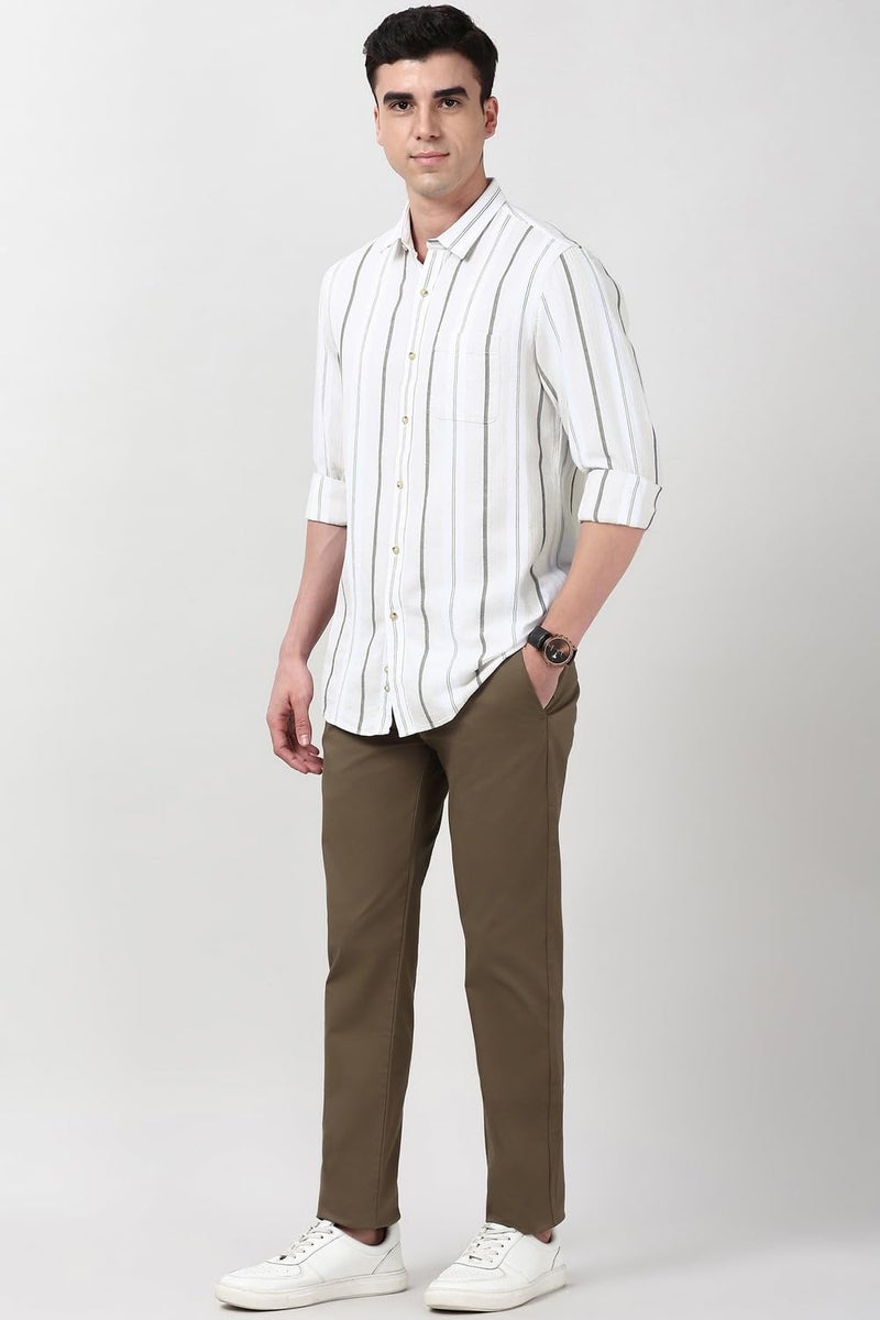 Peter England Cotton Linen Blend Shirt for Men – Full Sleeves, Subtle Stripes Beige - Image 5