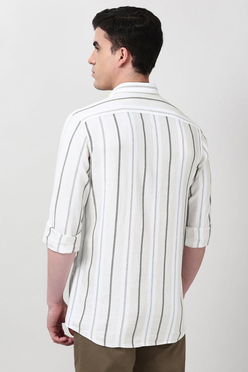 Peter England Cotton Linen Blend Shirt for Men – Full Sleeves, Subtle Stripes Beige - Image 3