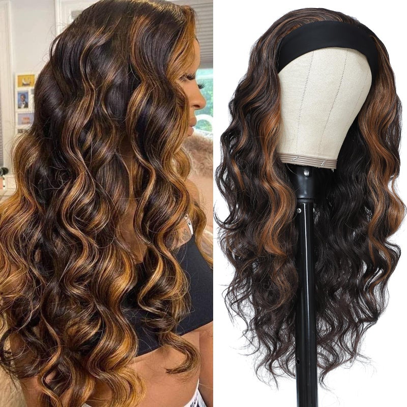 xccoco Long Wavy Headband Wig for Women Black Wigs with Brown Blonde Highlight 200% Denisty Headband Wigs Put On and Go Glueless Wig Long Synthetic Wig for Women Party Daliy Use - Image 1