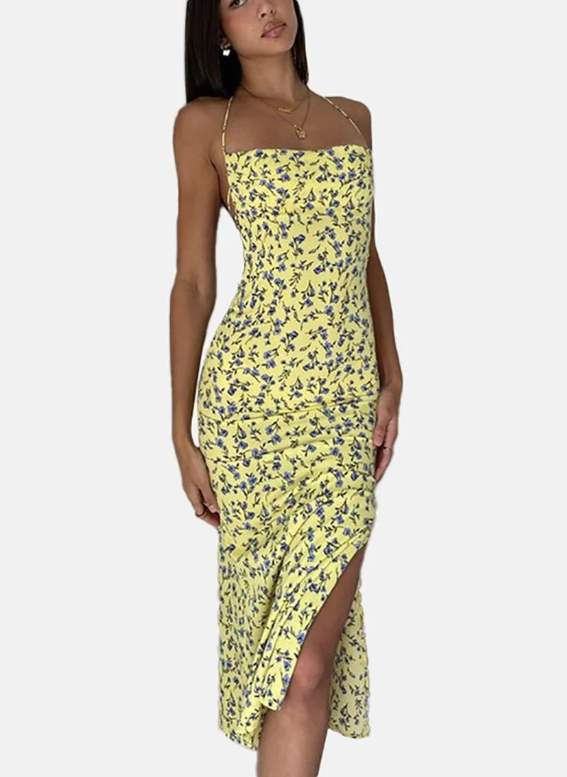 يونيكي Yellow Asymmetric Floral Tie-up Sleeveless Dress