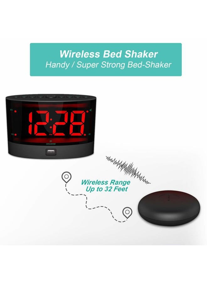 ANJANK Extra Loud Alarm Clock for Heavy Sleepers, Wireless Bed Shaker, Vibrating Dual Alarm, Deaf and Hearing-impaired, Adjustable Volume/Dimmer/Wake up Mode, USB Charger Port - Image 2