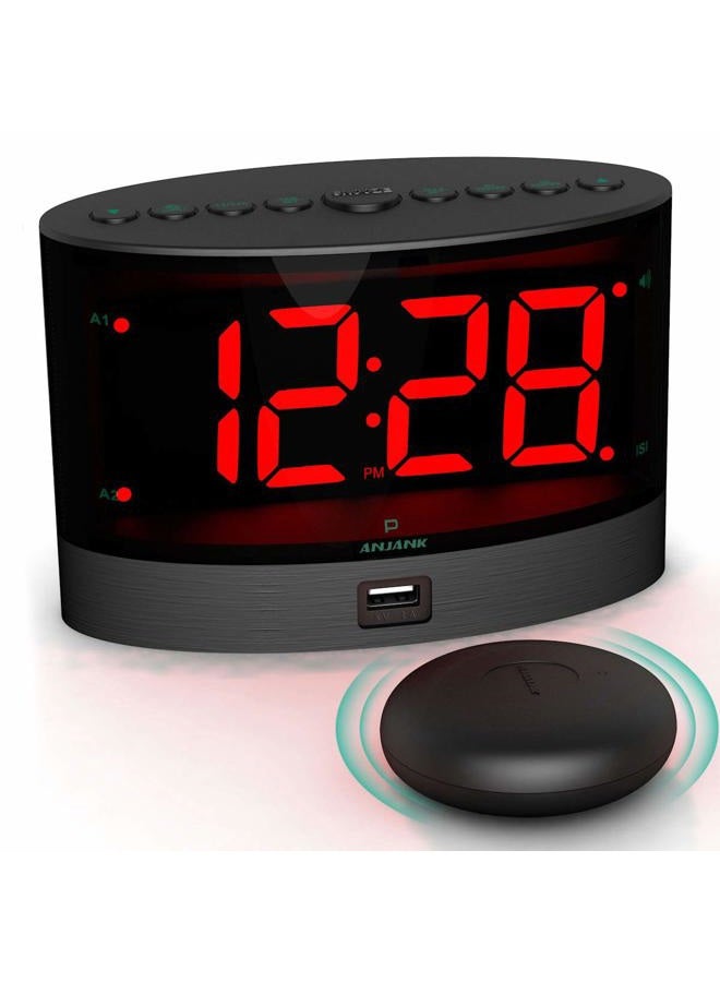 ANJANK Extra Loud Alarm Clock for Heavy Sleepers, Wireless Bed Shaker, Vibrating Dual Alarm, Deaf and Hearing-impaired, Adjustable Volume/Dimmer/Wake up Mode, USB Charger Port - Image 1