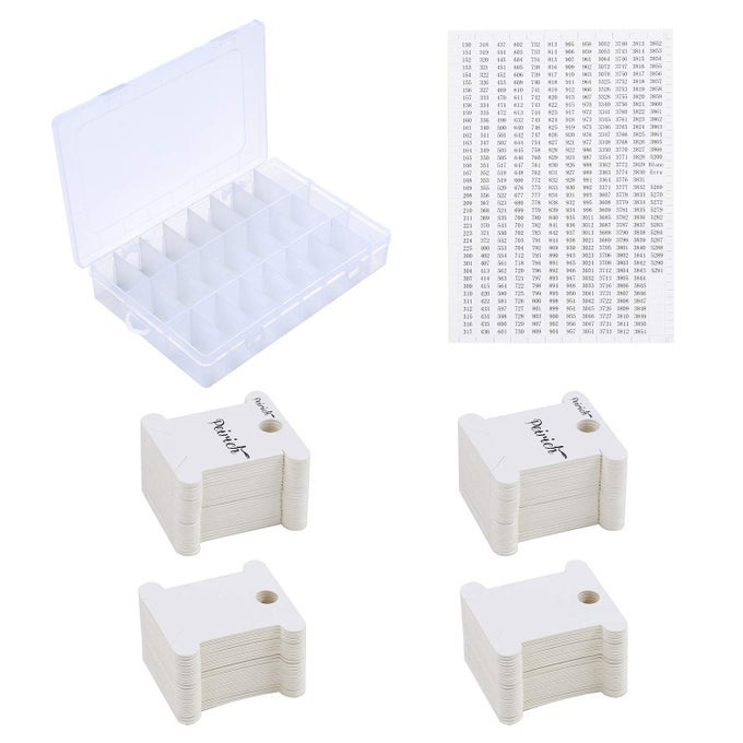 EMBROIDERY FLOSS ORGANIZER BOX 24 COMPARTMENTS WITH 100 HARD FLOSS BOBBINS AND 459 COLOR NUMBER STICKERS