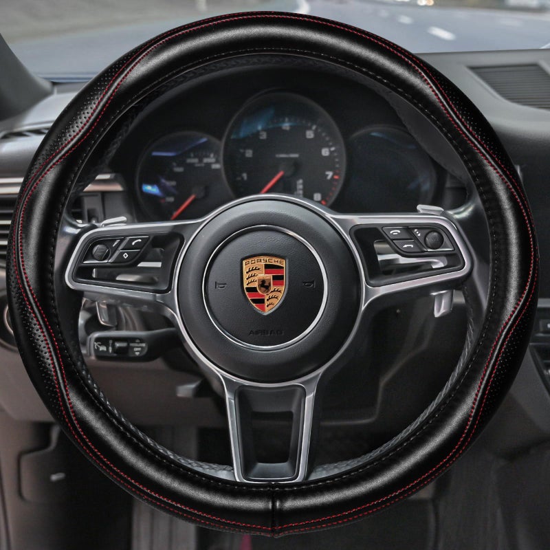 HAOKAY Top Grade Black Genuine Leather Steering Wheel Cover Women Men, Luxury Steering Wheel Cover for Cars, SUVS and Trucks, Universal 14.5-15 inch - Image 2