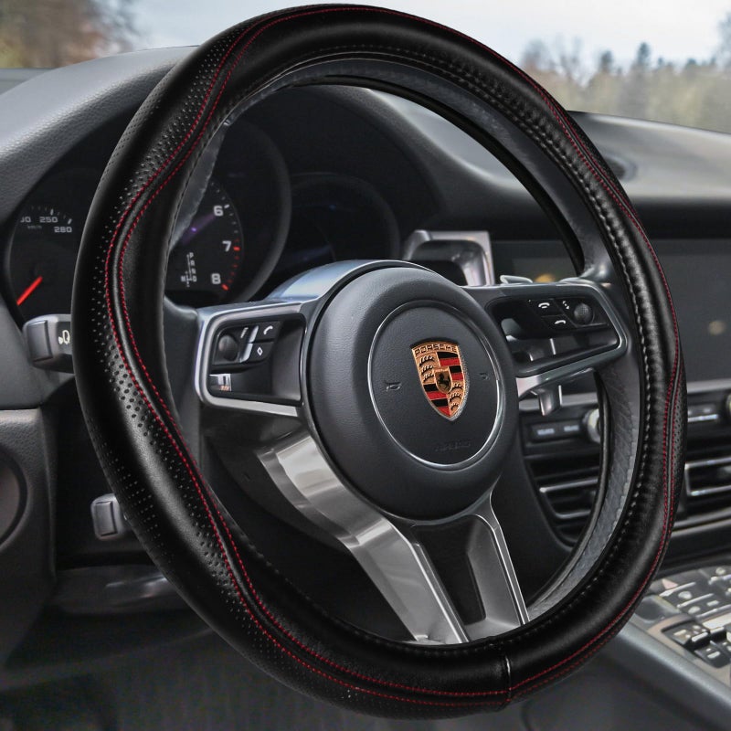 HAOKAY Top Grade Black Genuine Leather Steering Wheel Cover Women Men, Luxury Steering Wheel Cover for Cars, SUVS and Trucks, Universal 14.5-15 inch - Image 1