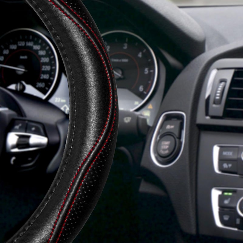 HAOKAY Top Grade Black Genuine Leather Steering Wheel Cover Women Men, Luxury Steering Wheel Cover for Cars, SUVS and Trucks, Universal 14.5-15 inch - Image 3