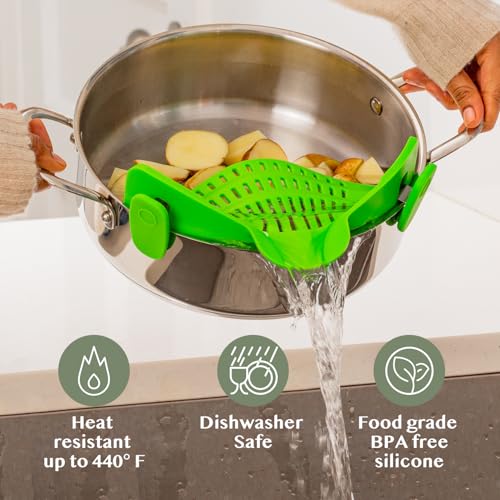 Kitchen Gizmo Snap N' Strain Clip On Strainer for Pots and Pans - Collapsible Silicone Pasta Strainer and Kitchen Gadget for Cooking - Easy to Use, Heat Resistant and Space Saving Colander - Green - Image 5