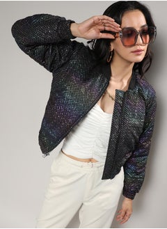 Campus Sutra Women's Carbon Black Holographic Print Puffer Jacket  - Image 1
