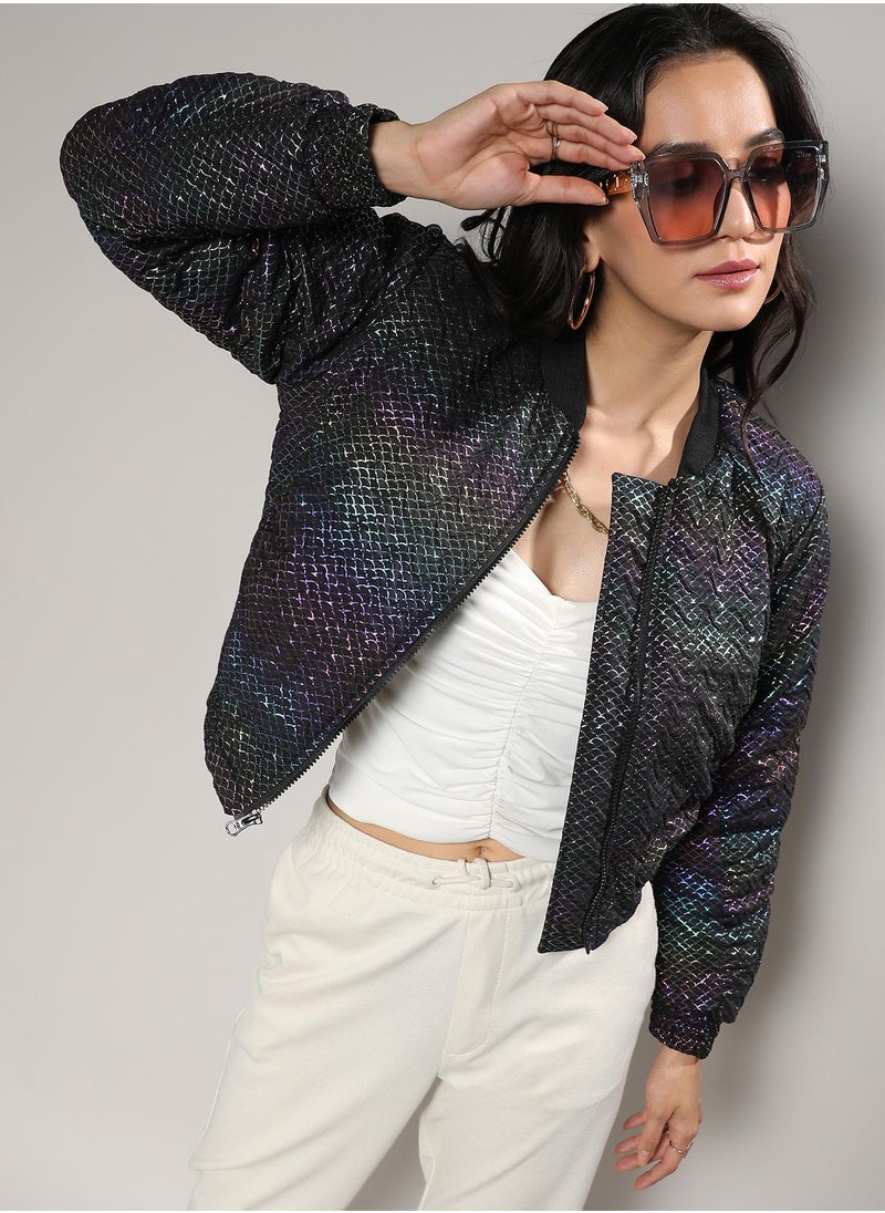 Campus Sutra Women's Carbon Black Holographic Print Puffer Jacket  - Image 1