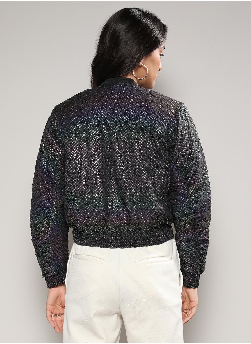 Campus Sutra Women's Carbon Black Holographic Print Puffer Jacket  - Image 3
