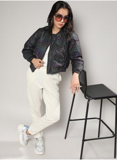 Campus Sutra Women's Carbon Black Holographic Print Puffer Jacket  - Image 5