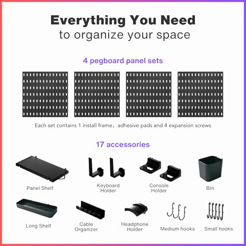 Keepo Pegboard Combination Kit, Pegboards and Accessories Modular Hanging for Gaming Setup, Gaming Station Peg Board, Gaming Organizer, Wall Game Controller Holder, Headset Stand, (Black, 22″×22″) - Image 2