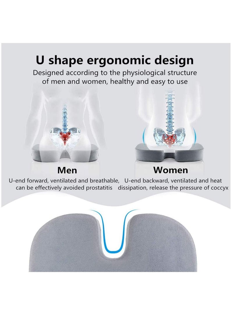XiuWoo - Gel Seat Cushion Memory Foam Coccyx Cushion U Shape with Soft Velour Cover Non-Slip Bottom for Sciatica Tailbone Low Back Pain Herniated Disc Car Home Office Wheelchair Grey - Image 1