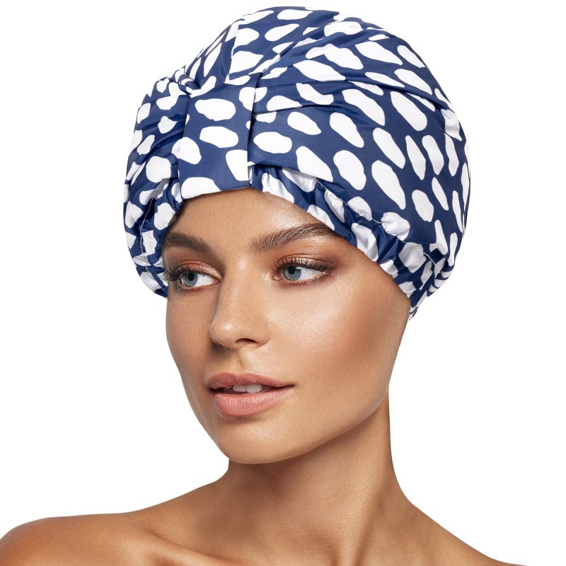 INNELO Luxury Shower Cap for Women Reusable Waterproof Double Layered Shower Hair Cap with Adjustable Elastic Strap Large Satin Lined Shower Bath Cap for Long Curly Straight Hair Blue