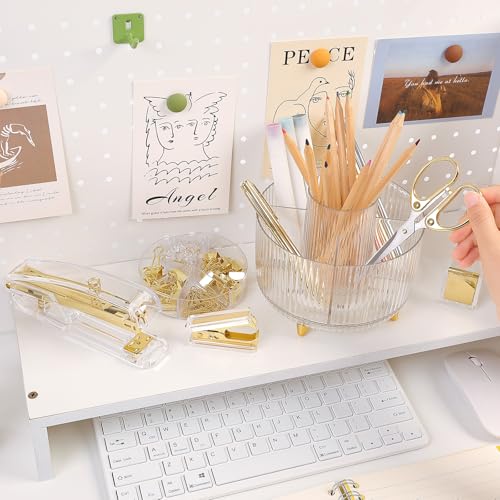SKYDUE Gold Office Supplies Set Pencil Holder for DeskGel Pen Stapler Tape Dispenser ScissorsClips and 1000pcs Staples Office Decor for Women Gold Desk Accessories - Image 3